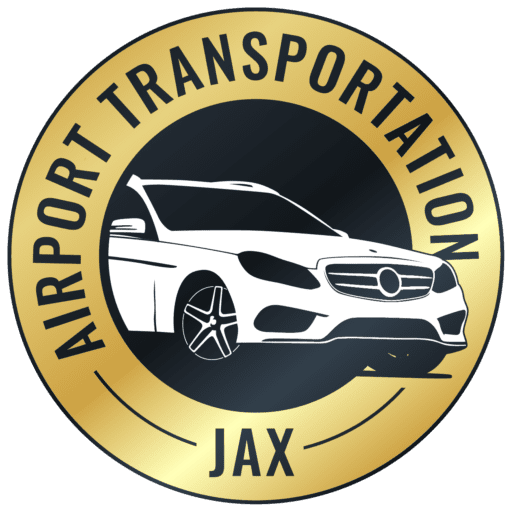 A white car is parked in front of the words " airport transportation jax ".